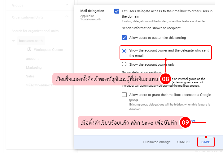 Mail delegation settings dialog with the option 'Show the account owner and the delegate who sent the email' selected, and a Save button at the bottom
