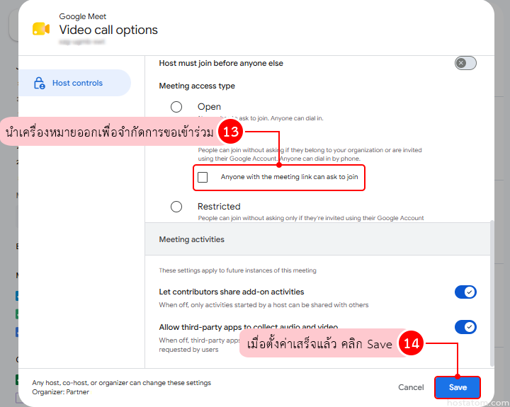 Google Meet Video call options dialog showing host access type (Open/Restricted) and the 'Anyone with the meeting link can ask to join' checkbox, with Cancel and Save buttons.