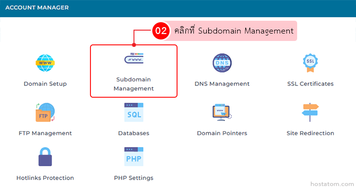 Account Manager dashboard; Subdomain Management tile is highlighted (02). Other options shown include Domain Setup, DNS Management, SSL Certificates, FTP, Databases, Domain Pointers, Site Redirection, Hotlinks Protection, and PHP Settings.