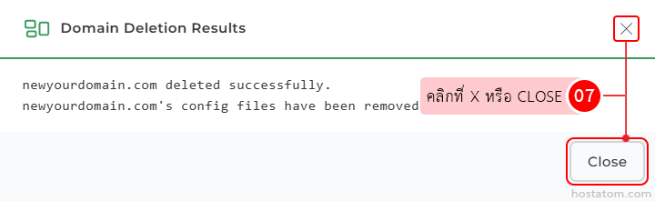 Domain Deletion Results dialog showing successful deletion of the domain and removal of its config files; close button at bottom-right with an X icon at top-right.