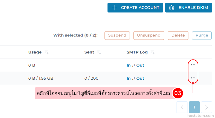 Email administration panel with a three‑dot Actions menu on a row; pink tooltip in Thai points to the menu to download email settings.