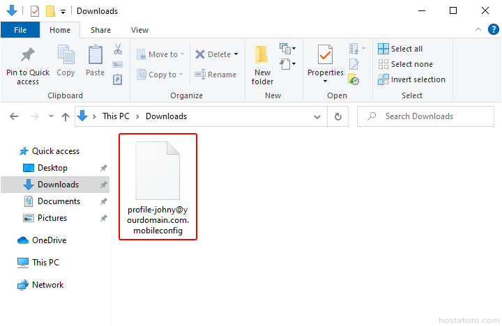 Configuration profile file named profile-johny@yourdomain.com.mobileconfig in the Downloads folder (Windows Explorer)