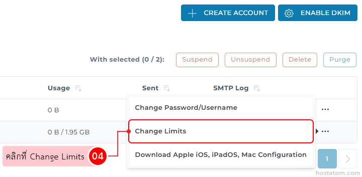 Dropdown menu with 'Change Limits' highlighted; other options: Change Password/Username and Download Apple iOS/iPadOS/Mac Configuration.