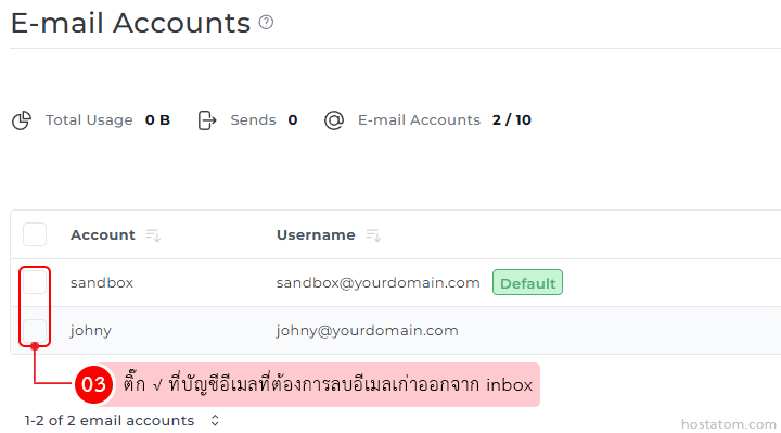 E-mail Accounts page showing two accounts (sandbox, johny) with left checkboxes; pink tooltip explains selecting an account to delete old emails from Inbox.