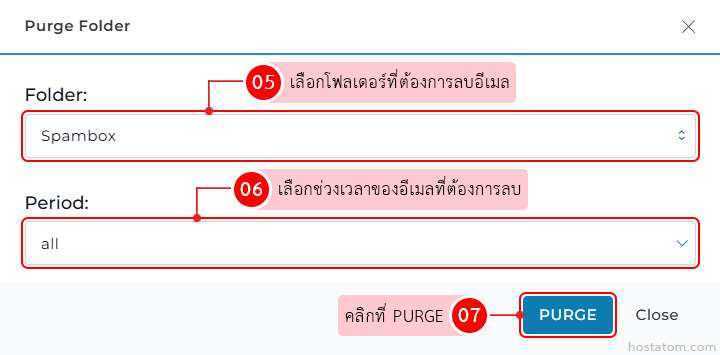 Purge Folder dialog: Folder set to Spambox, Period set to all, with a PURGE button and Close option.
