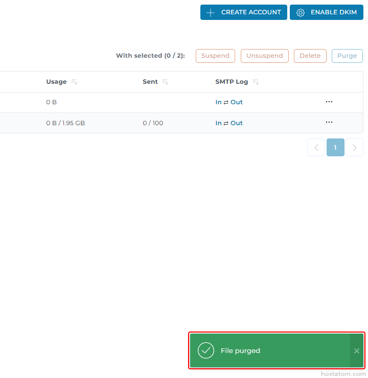 Admin panel showing two messages with purge options; green 'File purged' success toast at bottom-right.