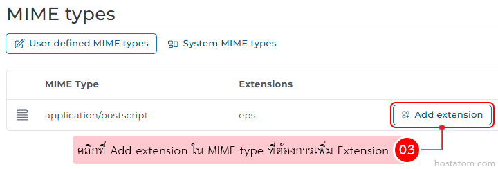 MIME types management page showing a row for application/postscript with extension eps; Add extension button is highlighted.