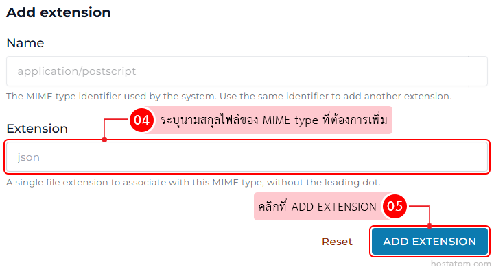 Add extension form with Name 'application/postscript' and Extension 'json'; includes Reset and ADD EXTENSION buttons.