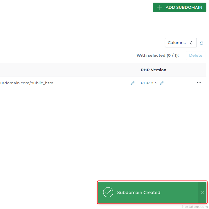 Hosting control panel shows a new subdomain with a green success toast reading 'Subdomain Created' at the bottom right.
