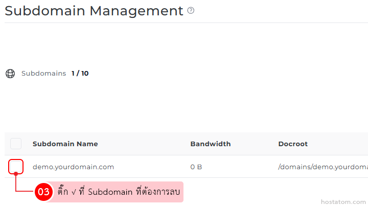 Subdomain Management screen showing a table with Subdomain Name, Bandwidth, and Docroot; a checkbox beside demo.yourdomain.com for deletion, with a Thai instruction tooltip.