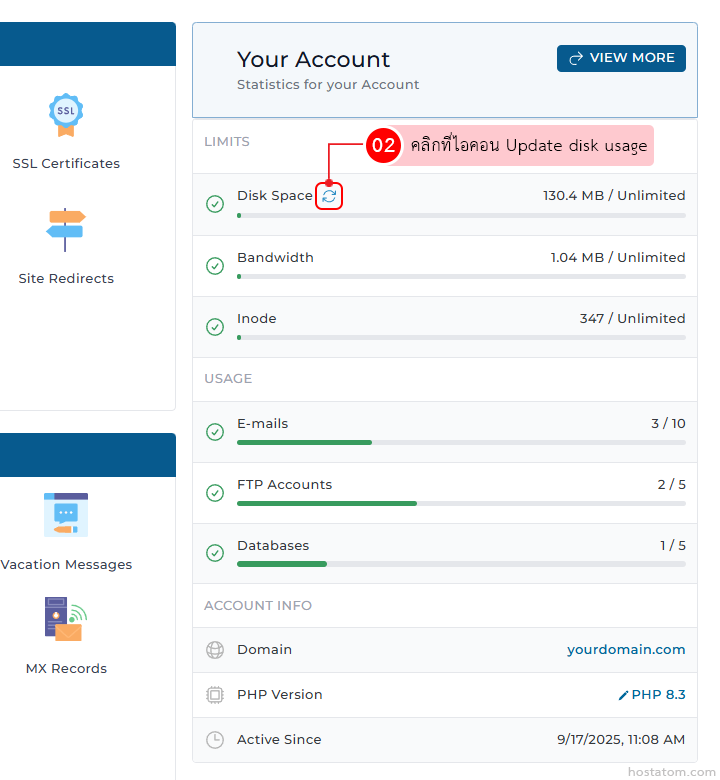 Dashboard: left nav with SSL Certificates and Site Redirects, main panel shows limits and usage info.