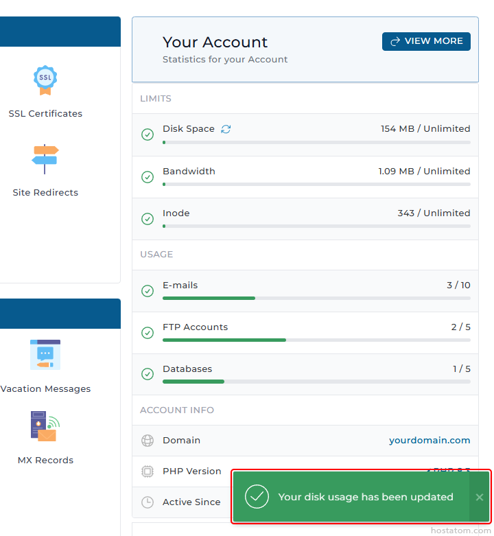 Account dashboard showing storage limits and usage stats with a green notification: Your disk usage has been updated.