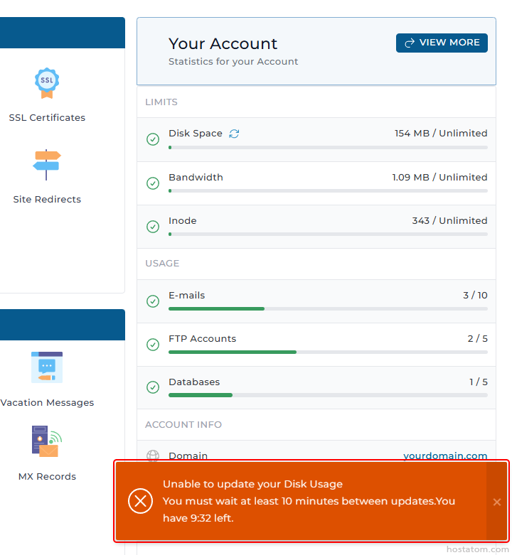 Account dashboard showing left navigation with SSL Certificates, Site Redirects, Vacation Messages, MX Records; right panel lists Disk Space, Bandwidth, Inode, and a red error toast: 'Unable to update your Disk Usage' with time remaining.