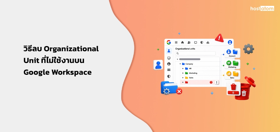 Guide banner explaining how to remove an unused Organizational Unit in Google Workspace, with a colorful Google Workspace illustration on the right.