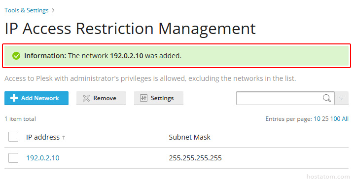 IP Access Restriction Management panel showing a green info banner: The network 192.0.2.10 was added, with a table listing 192.0.2.10 and Subnet Mask 255.255.255.255.