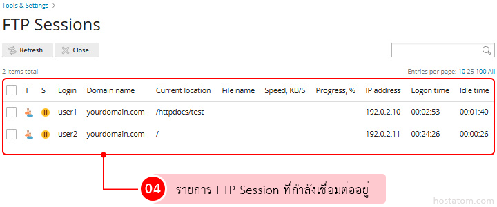 FTP Sessions page showing two active connections: user1 to yourdomain.com at /httpdocs/test and user2 to /, including IPs and idle times.