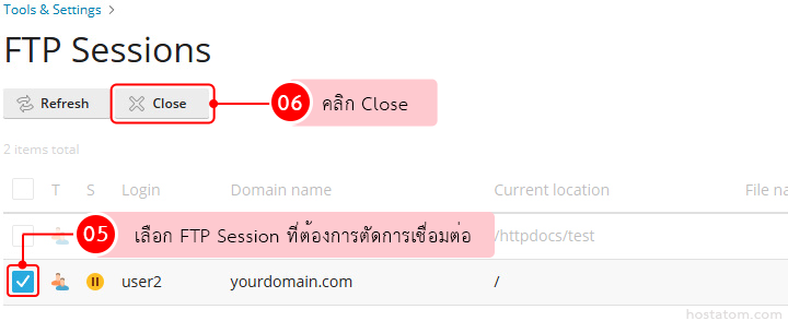 FTP Sessions screen showing a row for user2 at yourdomain.com with path /
