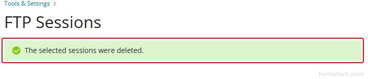 FTP Sessions page with a green success banner reading 'The selected sessions were deleted.'