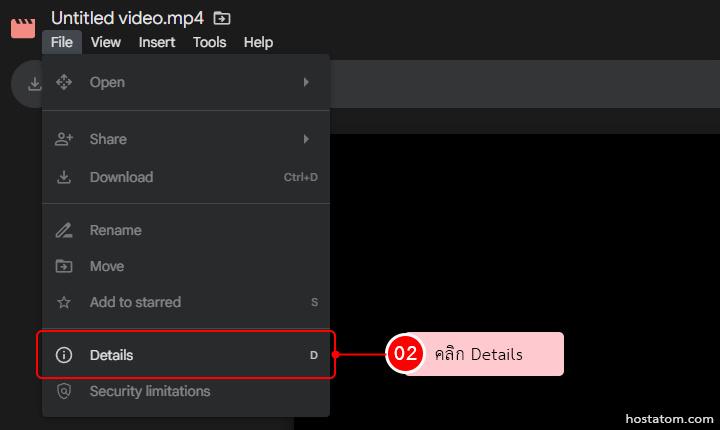 Screenshot of a dark file menu with 'Untitled video.mp4'; the 'Details' option is highlighted, and a pink tooltip labeled 'คลิก Details' with a red '02' badge indicates to click Details.