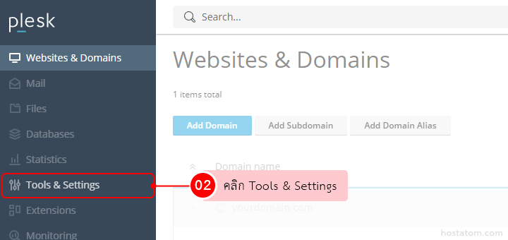 Plesk panel: left sidebar with Tools & Settings highlighted; main pane reads Websites & Domains with an Add Domain button.