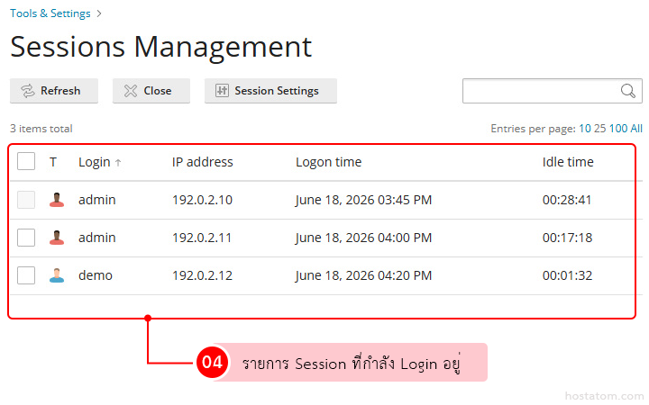 Admin panel: Sessions Management showing a table of active sessions with Login, IP address, Logon time, and Idle time (admin 192.0.2.10/11, demo 192.0.2.12)