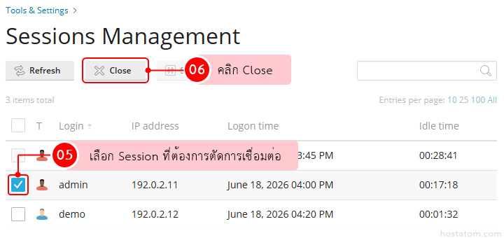 Sessions Management page with a table of user sessions; admin's session selected; Close button highlighted.