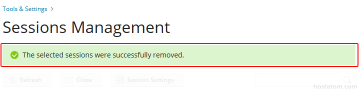 Sessions Management page with a green success toast reading: The selected sessions were successfully removed.