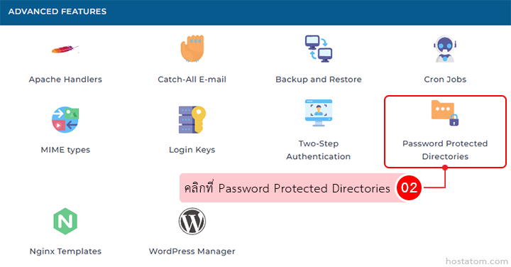 Grid of advanced features; Password Protected Directories icon is outlined in red.