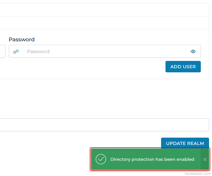 Admin settings page with a Password field and an 'ADD USER' button; a green notification at bottom reads 'Directory protection has been enabled' with a checkmark.