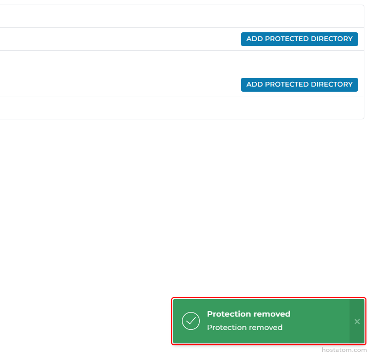 Web form with two blue 'Add Protected Directory' buttons and a bottom-right green 'Protection removed' notification toast.