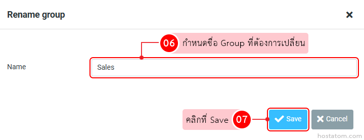Rename group dialog: Name field shows 'Sales'; pink tips 06 and 07 guide changing the name and saving, with a blue Save button highlighted