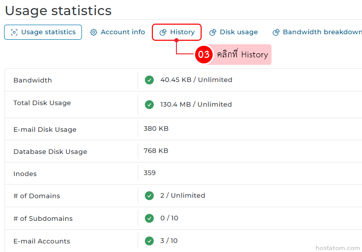 Usage statistics page with History tab selected (outlined) and a pink tooltip showing History/03.