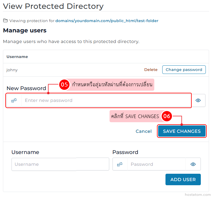 Manage users in the protected directory; enter a new password and click Save Changes (button highlighted).