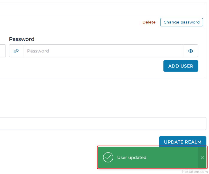 Form with a Password field and an Add User button; top-right actions Delete and Change password; a green 'User updated' toast at bottom-right with a checkmark.