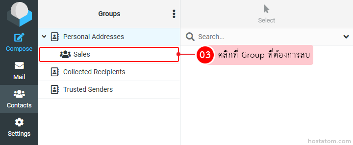 Email/contacts app: left sidebar shows groups; 'Sales' is highlighted with a red outline; Thai tip says to click the Group to delete.