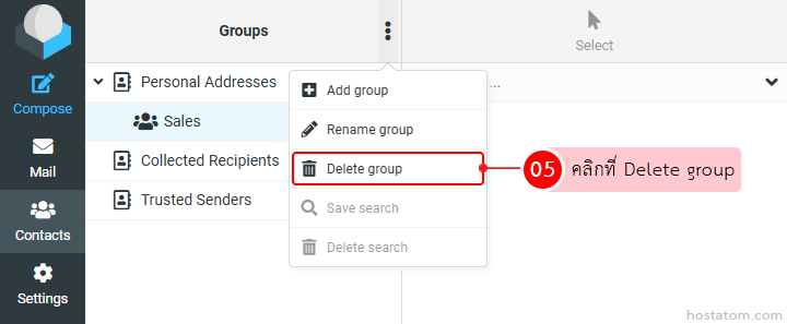 Context menu with Delete group highlighted for the Sales group in Contacts app