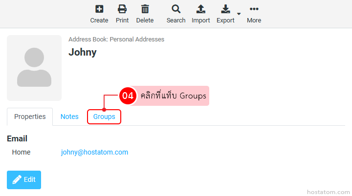 Profile card for Johny showing avatar, email link, and a tab strip with Properties, Notes, and Groups; Groups tab is emphasized.