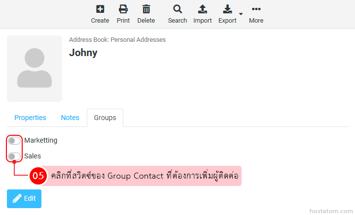 Contact profile with Groups tab open, showing two toggle switches labeled Marketing and Sales; the Marketing toggle is highlighted with a red cue to indicate selection.