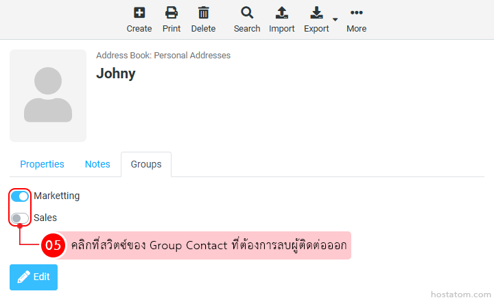 Contact profile for Johny showing group toggles (Marketing on, Sales off) with a pink Thai tip instructing to click the group switch to remove the contact.