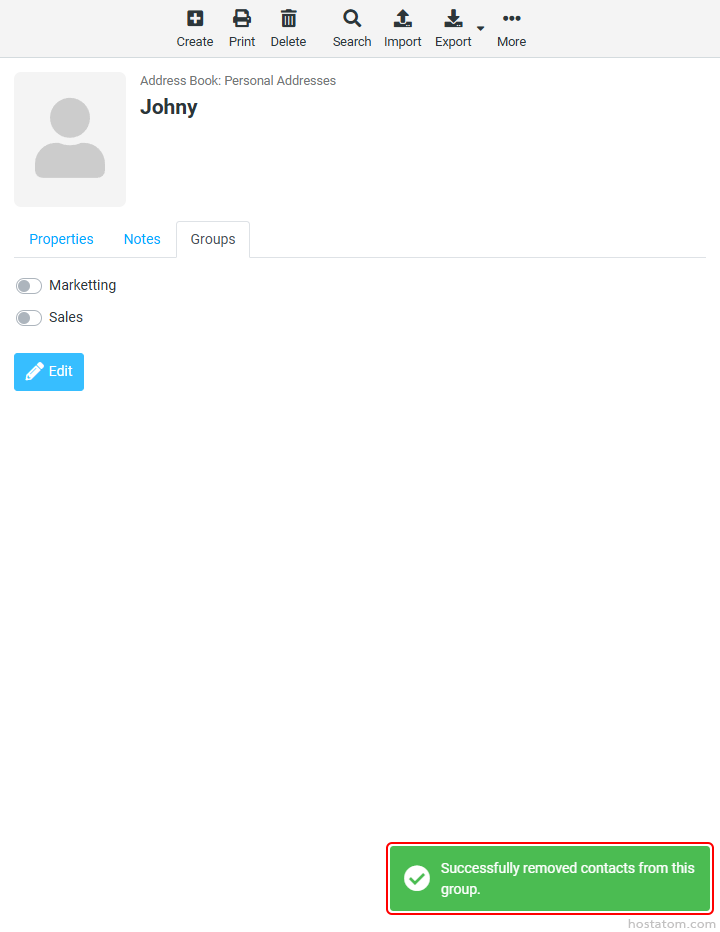 Contact profile for Johny in the address book, Groups tab showing Marketing and Sales toggles and an Edit button.