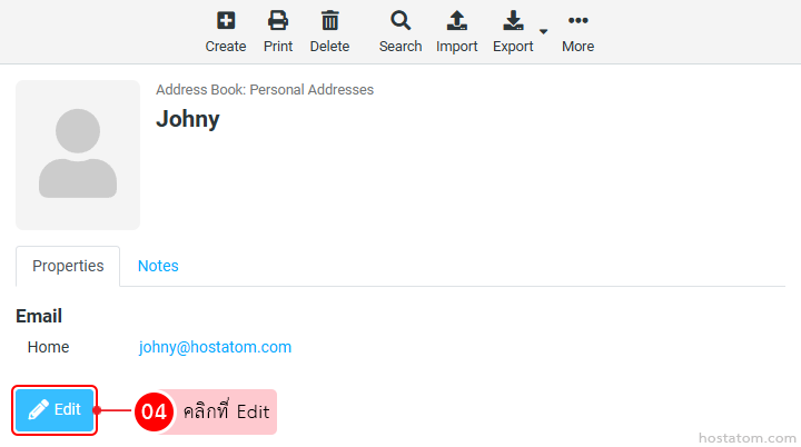 Contact card for Johny with email johnny@hostatom.com and an Edit button highlighted in blue with a pencil icon (plus a red notification badge).
