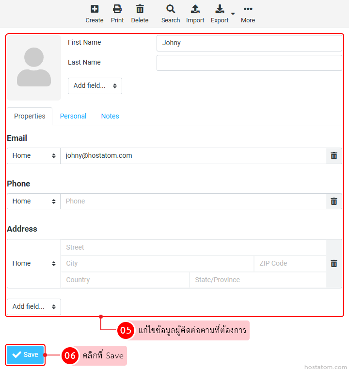 Contact edit screen with a photo placeholder and fields for First Name, Last Name, Email, Phone, Address, plus a Save button in the toolbar