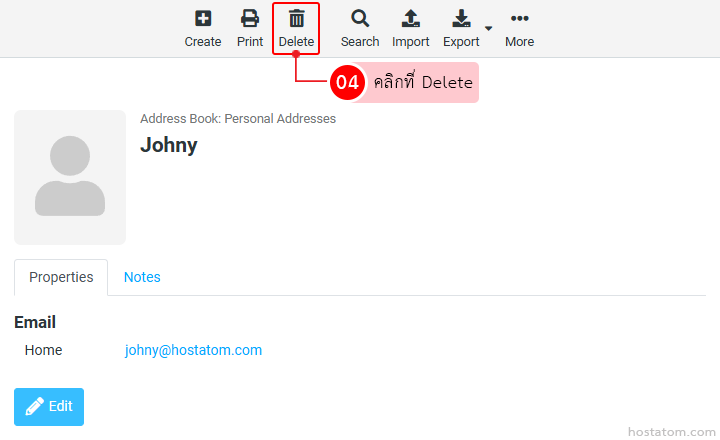 Contact details for Johny in Address Book with Delete option highlighted in the toolbar above