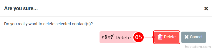 Confirmation dialog asking to delete the selected contact(s) with options Delete (red) and Cancel.