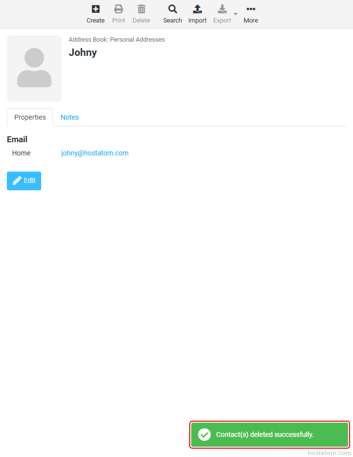 Profile page for Johny showing address book entry with email johny@hostatom.com; bottom-right toast confirms actions.