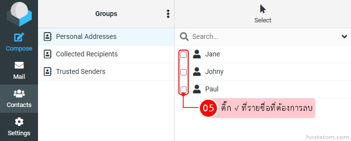 Contacts management UI with groups on the left and a list of recipients (Jane, Johny, Paul) with selection checkboxes for bulk action (e.g., delete).