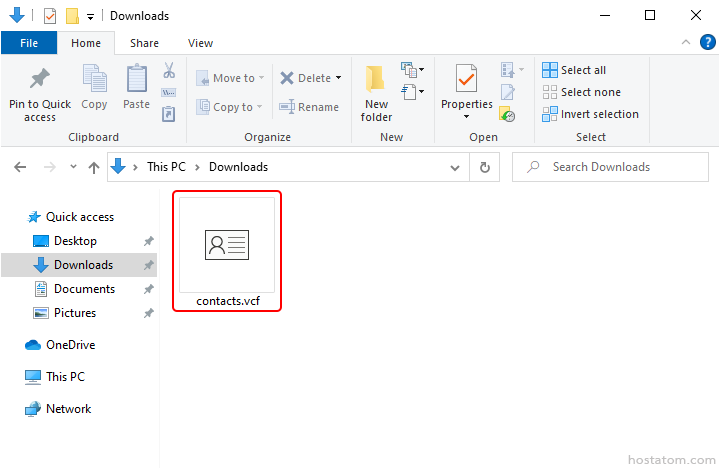 Selected contacts.vcf in Downloads showing a vCard contact file