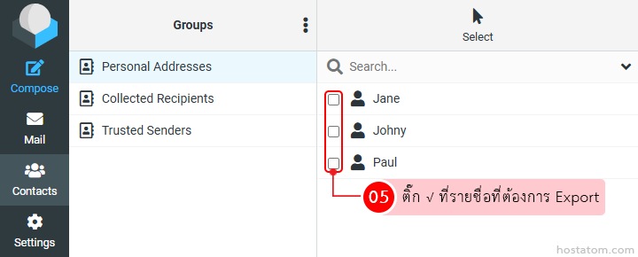 Contact manager UI: left navigation with Groups; checkboxes beside Jane, Johny, and Paul to export selected contacts.
