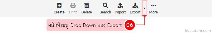 Toolbar with icons for Create, Print, Delete, Search, Import, and Export; the Export drop-down button is highlighted with a pink tooltip reading in Thai: คลิกที่เมนู Drop Down ของ Export.