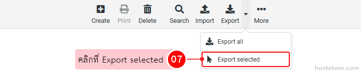 UI toolbar with export menu open showing Export all and Export selected; 'Export selected' is highlighted. Note the pink tooltip with Thai text next to the option.